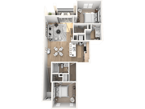 A 3D Floor Plan of a two bedroom two bathroom apartment home with an open-concept living and dining space, modern finishes, stainless steel appliances, and a private patio